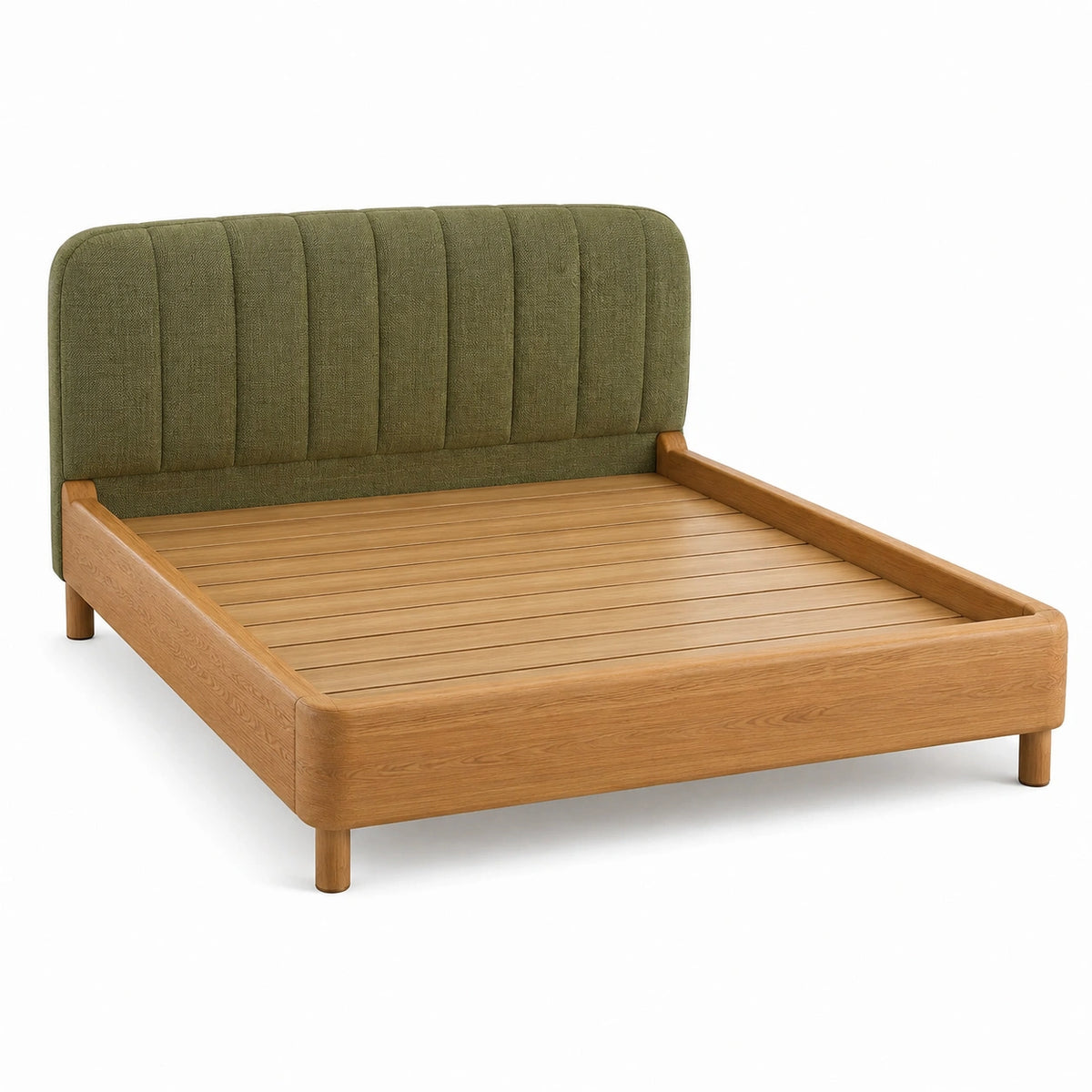 Lit en bois naturel avec tête de lit rembourrée verte, 210 x 170 x 110 cm, pour matelas 160 x 200 cm