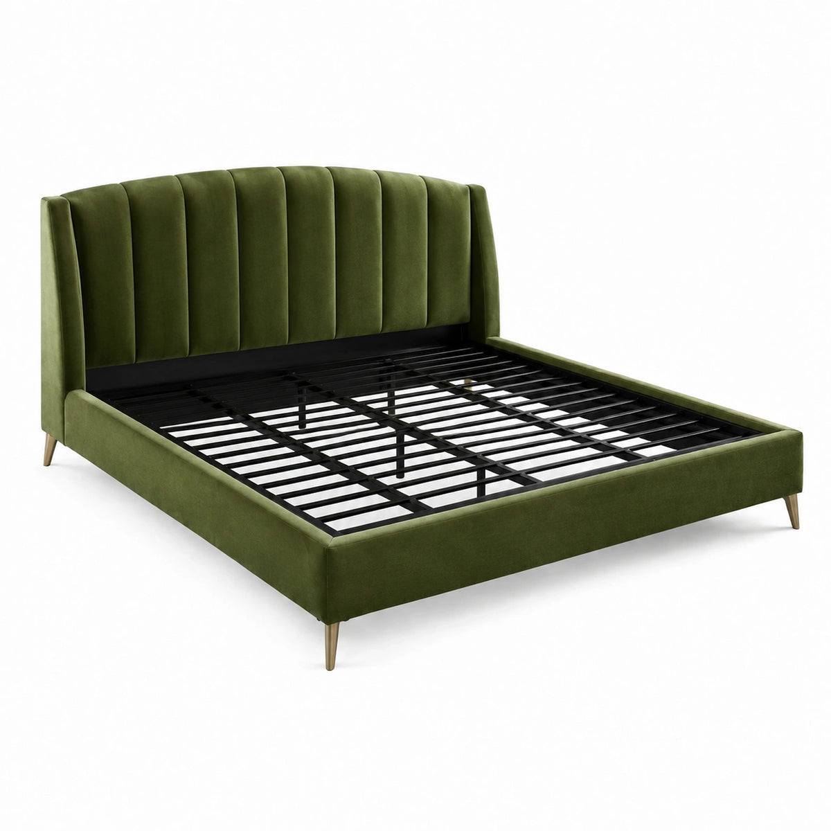Lit en velours vert olive 160 x 200 cm avec tête de lit capitonnée