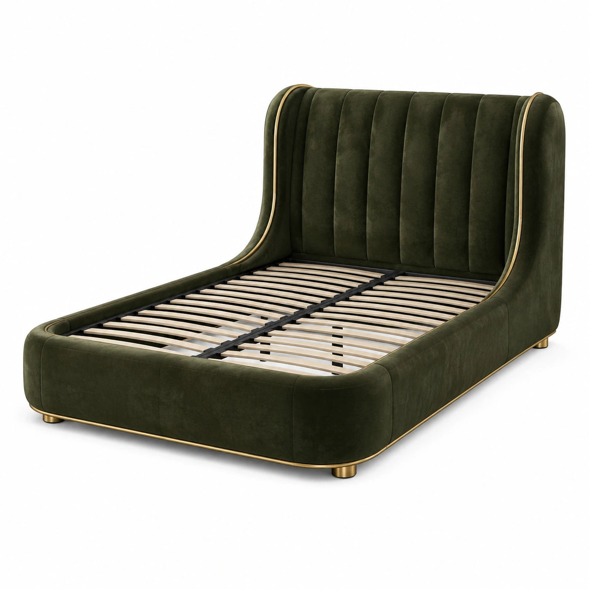 Lit double 160 x 200 cm en velours Vert foncé et Doré avec structure à lattes