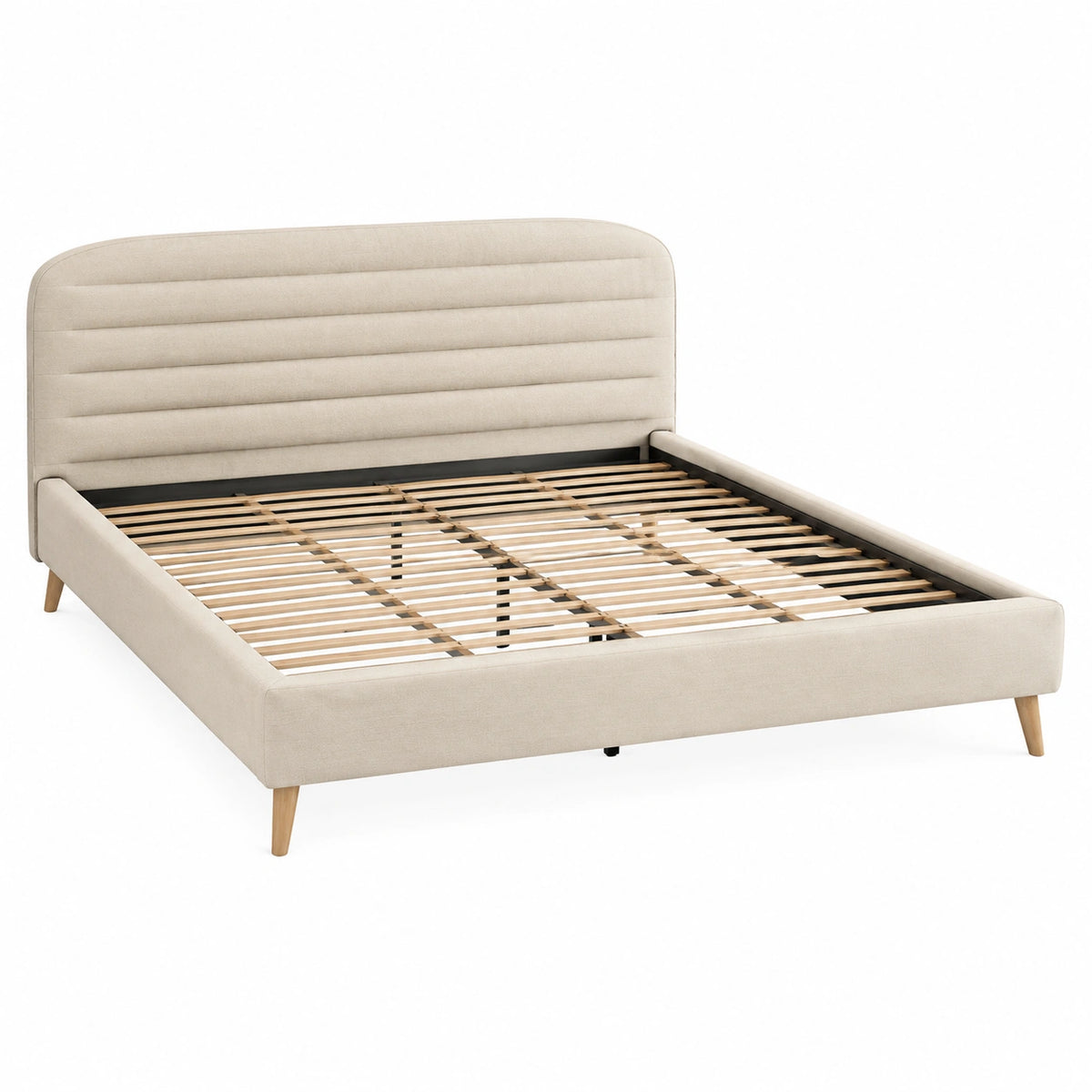 Lit double en tissu beige avec sommier à lattes, 160 x 200 cm