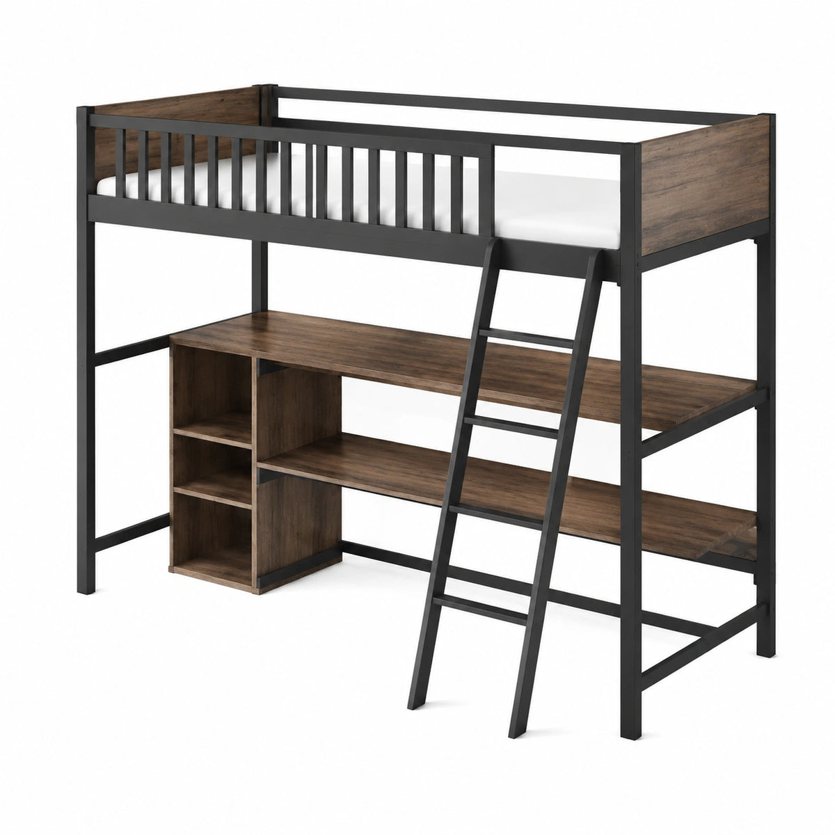 Lit mezzanine industriel 90 x 190 cm, 198 x 145 x 180 cm, métal noir et décor bois brun, avec bureau et étagères