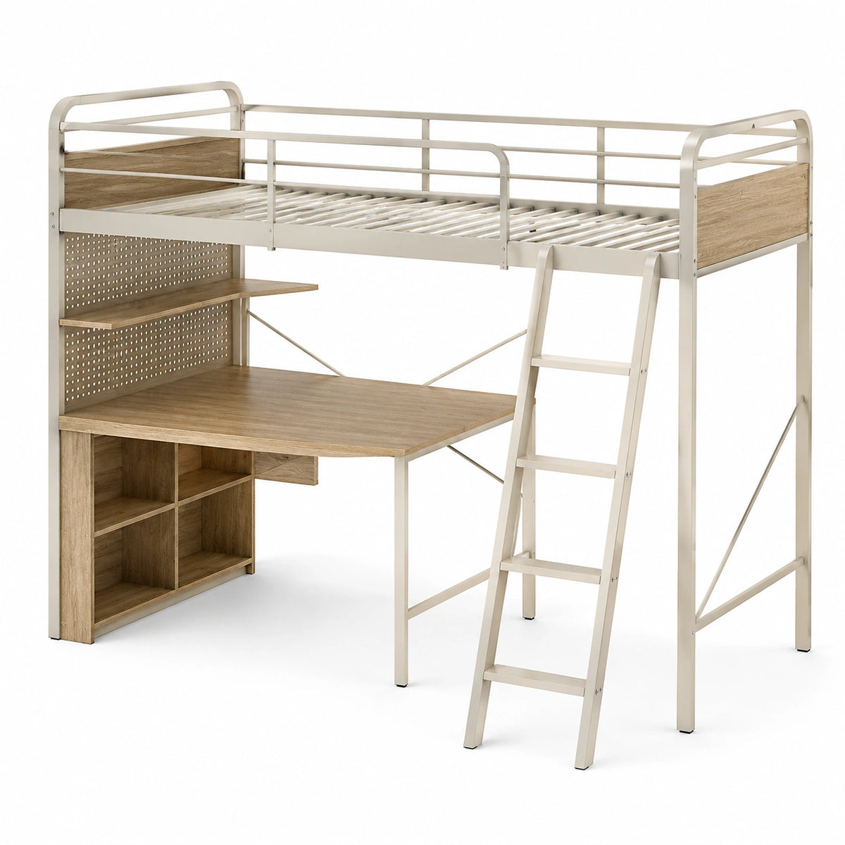 Lit mezzanine 90 x 190 cm avec bureau et rangements, métal beige et décor chêne, 198 x 135 x 180 cm