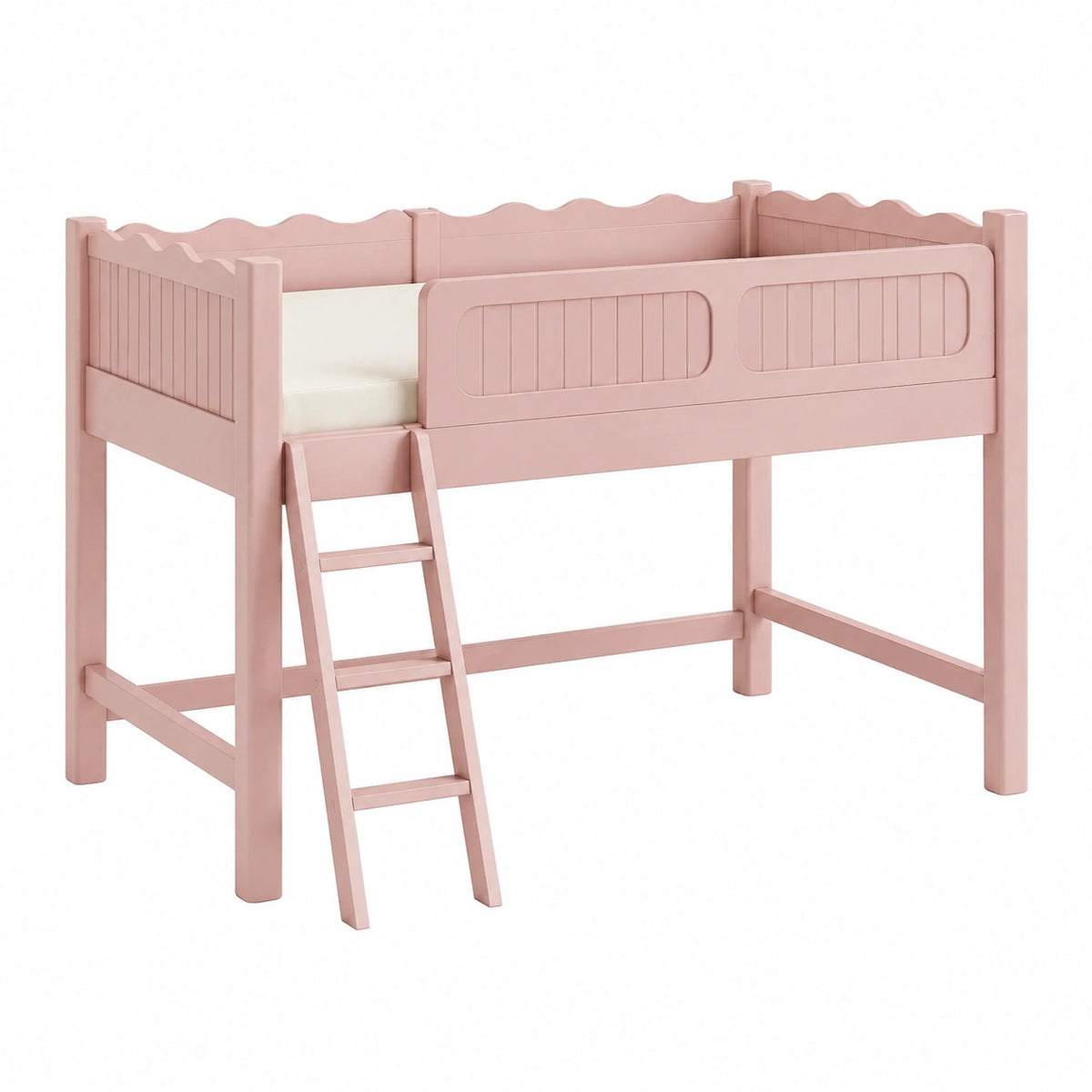 Lit mezzanine enfant en bois rose 198 x 98 x 170 cm avec échelle inclinée et finition ondulée