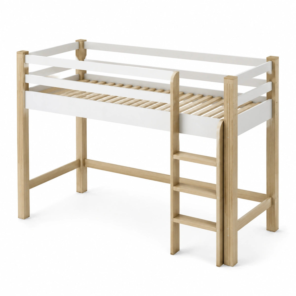 Lit mezzanine en bois blanc et naturel avec échelle, 208 x 98 x 185 cm