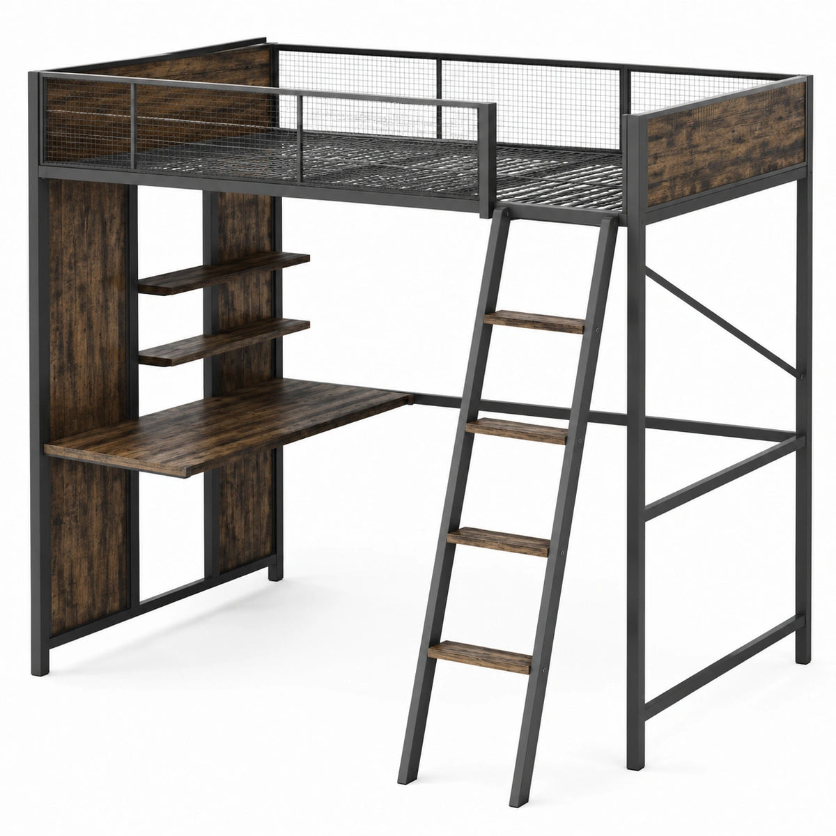 Lit mezzanine industriel 198 x 96 x 180 cm avec bureau, étagères et échelle, Brun/Noir