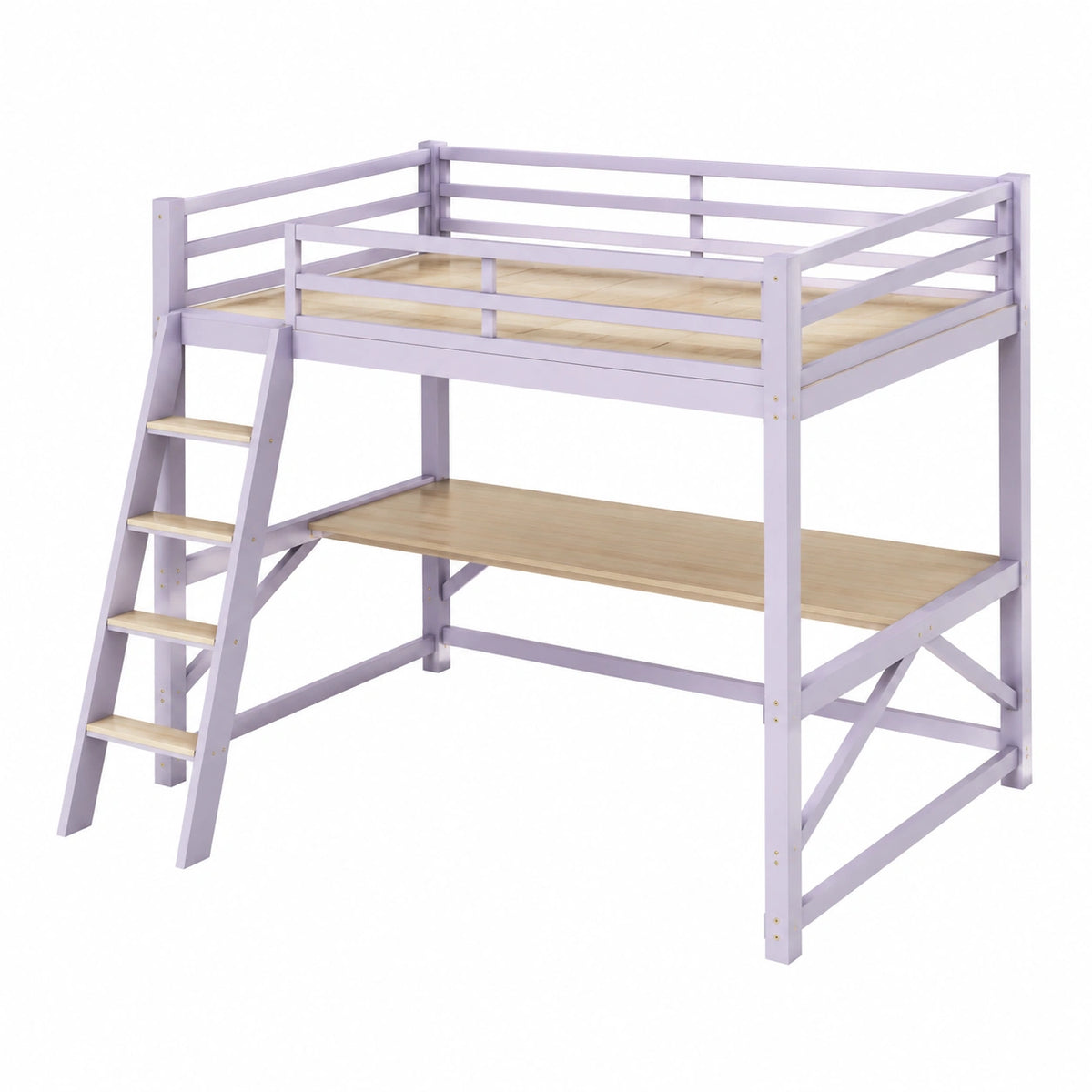 Lit mezzanine 90 x 200 cm avec bureau et échelle, 203 x 103 x 180 cm, Lilas et bois naturel