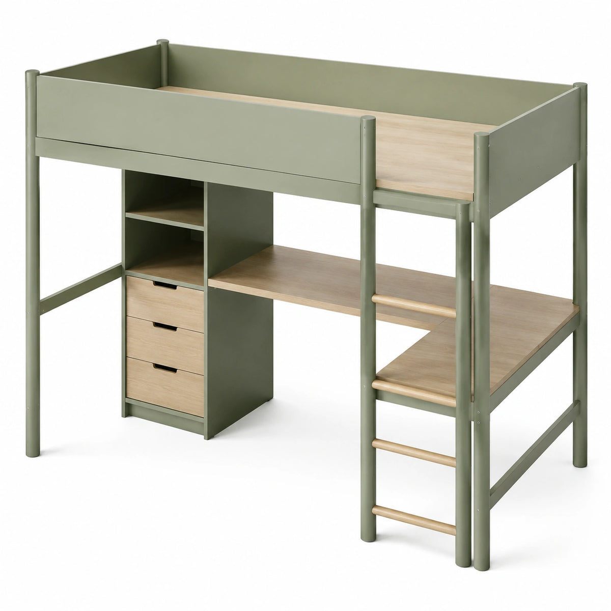 Lit mezzanine 90 x 200 cm vert sauge et chêne clair avec bureau, rangements et échelle, 205 x 105 x 180 cm