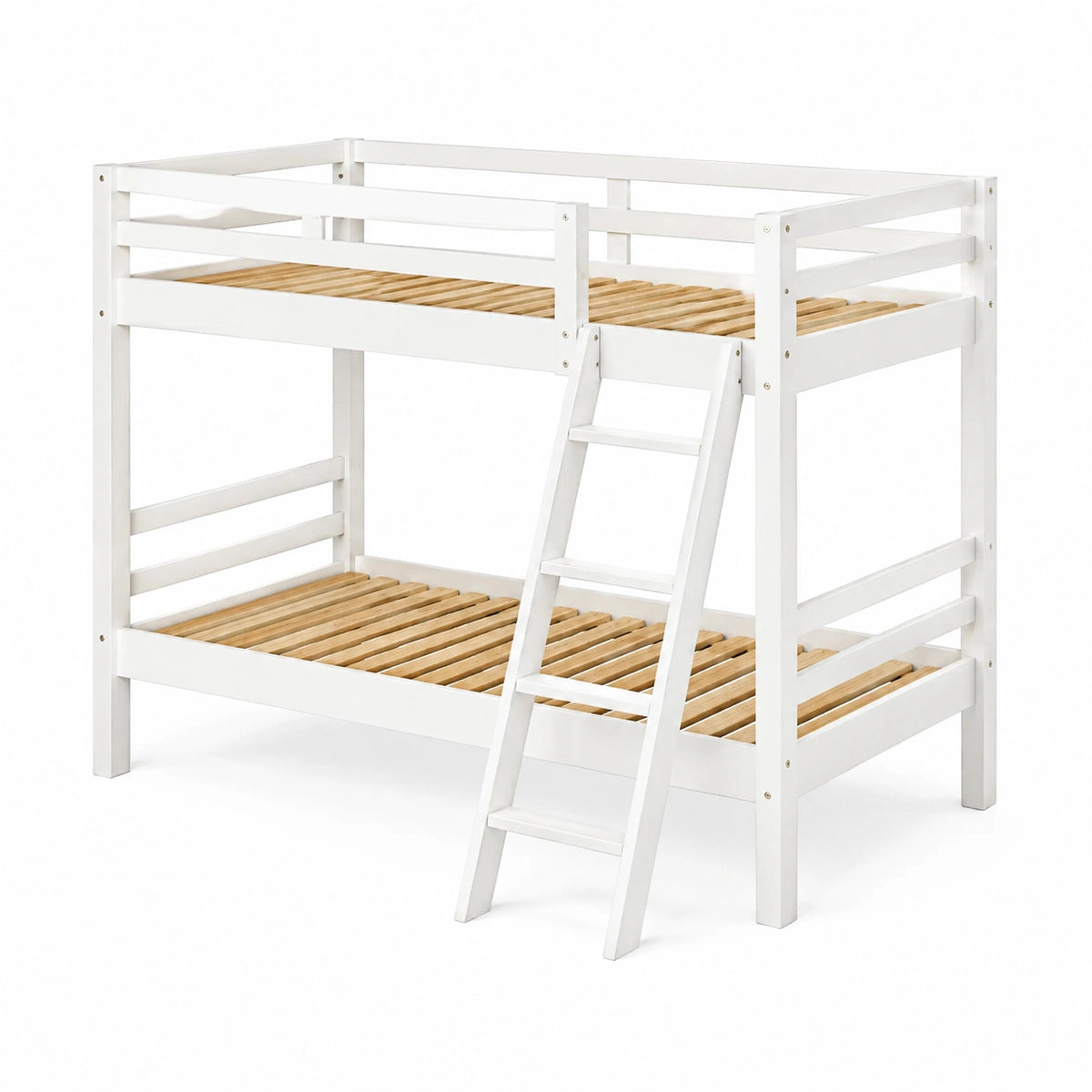 Lit superposé en bois Blanc et Naturel 90 x 200 cm avec échelle et sommiers à lattes
