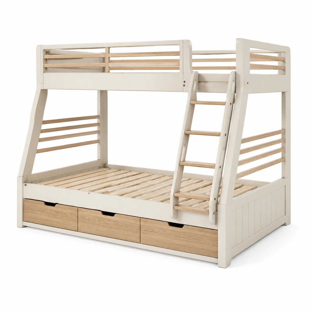 Lit superposé en bois Blanc et Naturel 198 x 103 x 170 cm avec échelle et 3 tiroirs