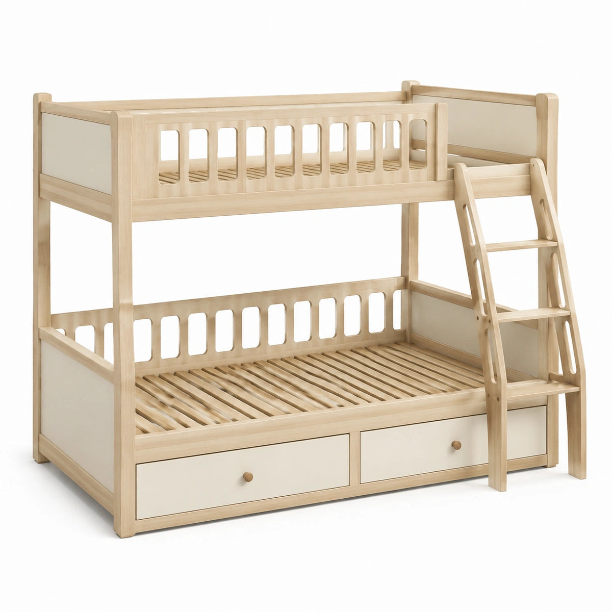 Lit superposé 200 x 100 x 170 cm en bois naturel et blanc avec échelle inclinée et 2 tiroirs