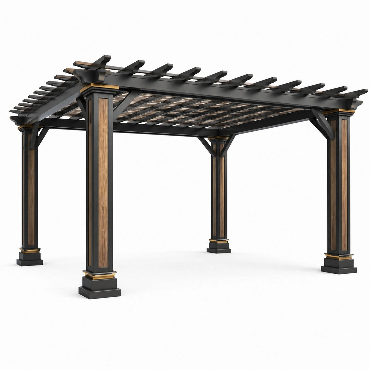 Pergola de jardin 400 x 300 x 250 cm en métal noir, bois marron et détails dorés à toiture ajourée