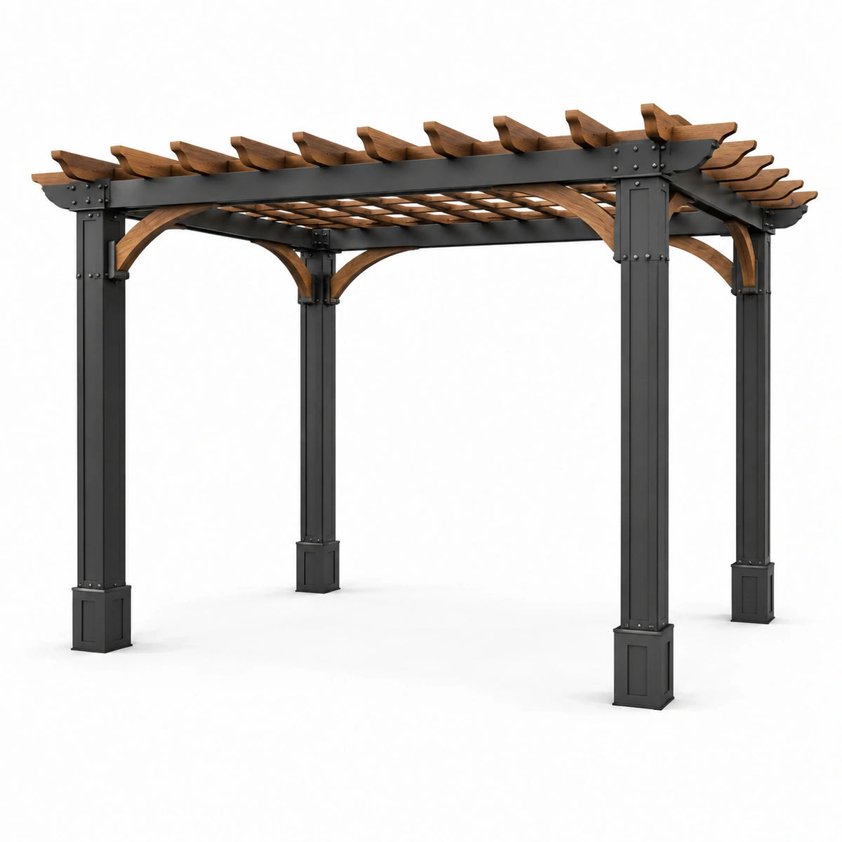Pergola contemporaine 300 x 300 x 250 cm en métal noir et bois marron
