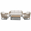 Salon de jardin 4 pièces en cordage beige, métal noir et plateau aspect bois, canapé 200 x 80 x 75 cm
