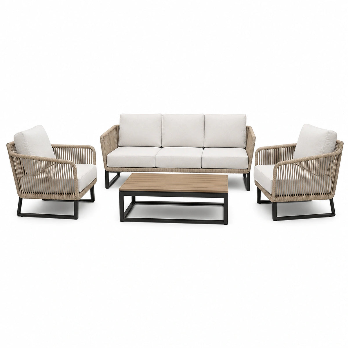 Salon de jardin 4 pièces en cordage beige, métal noir et plateau aspect bois, canapé 200 x 80 x 75 cm