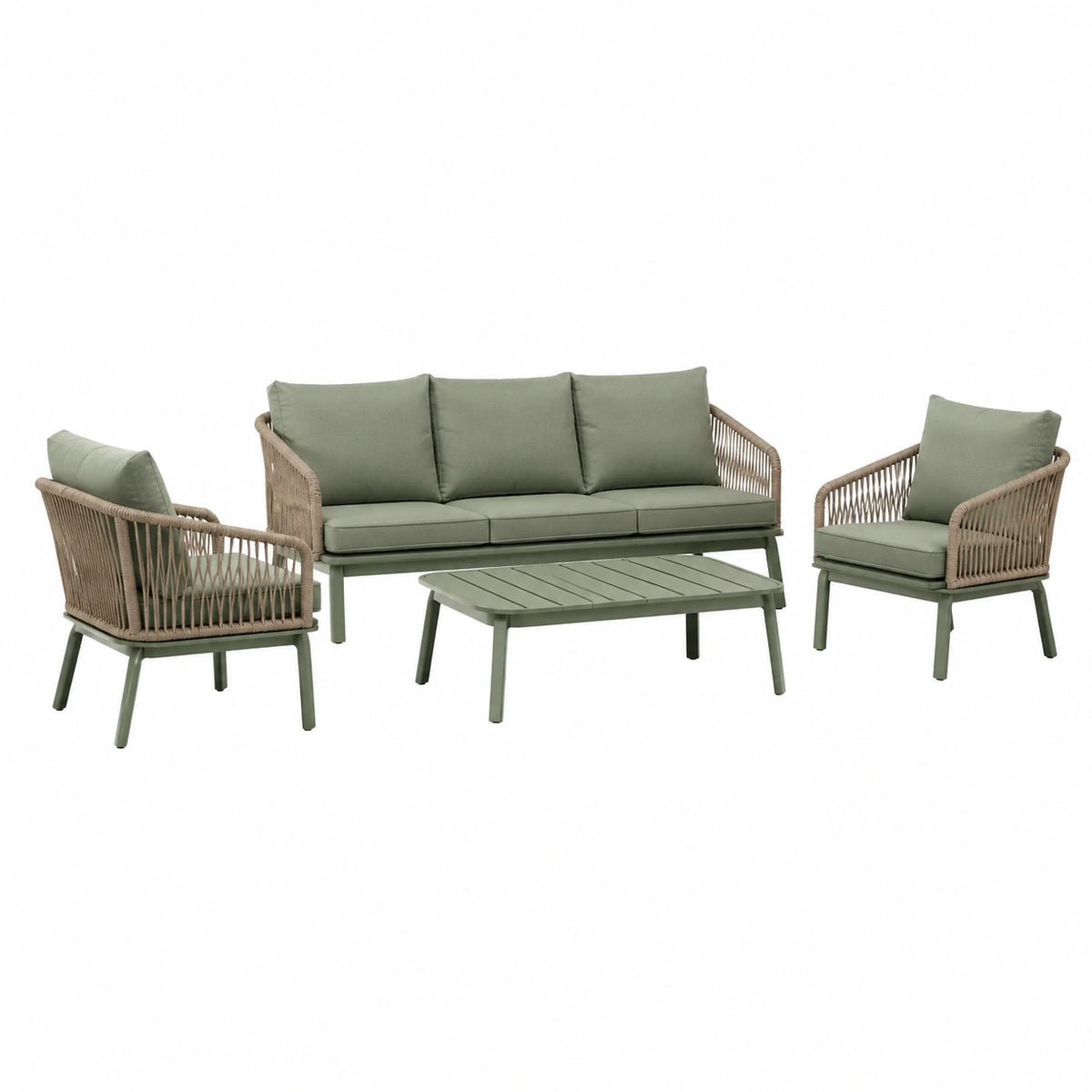 Ensemble de jardin 4 pièces vert sauge et beige, canapé 3 places 200 x 78 x 76 cm, fauteuils 75 x 78 x 76 cm et table 110 x 60 x 45 cm