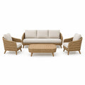 Ensemble 4 pièces en osier tressé beige et marron clair avec coussins, canapé 200 x 80 x 78 cm, fauteuils 85 x 75 x 78 cm, table 120 x 60 x 45 cm