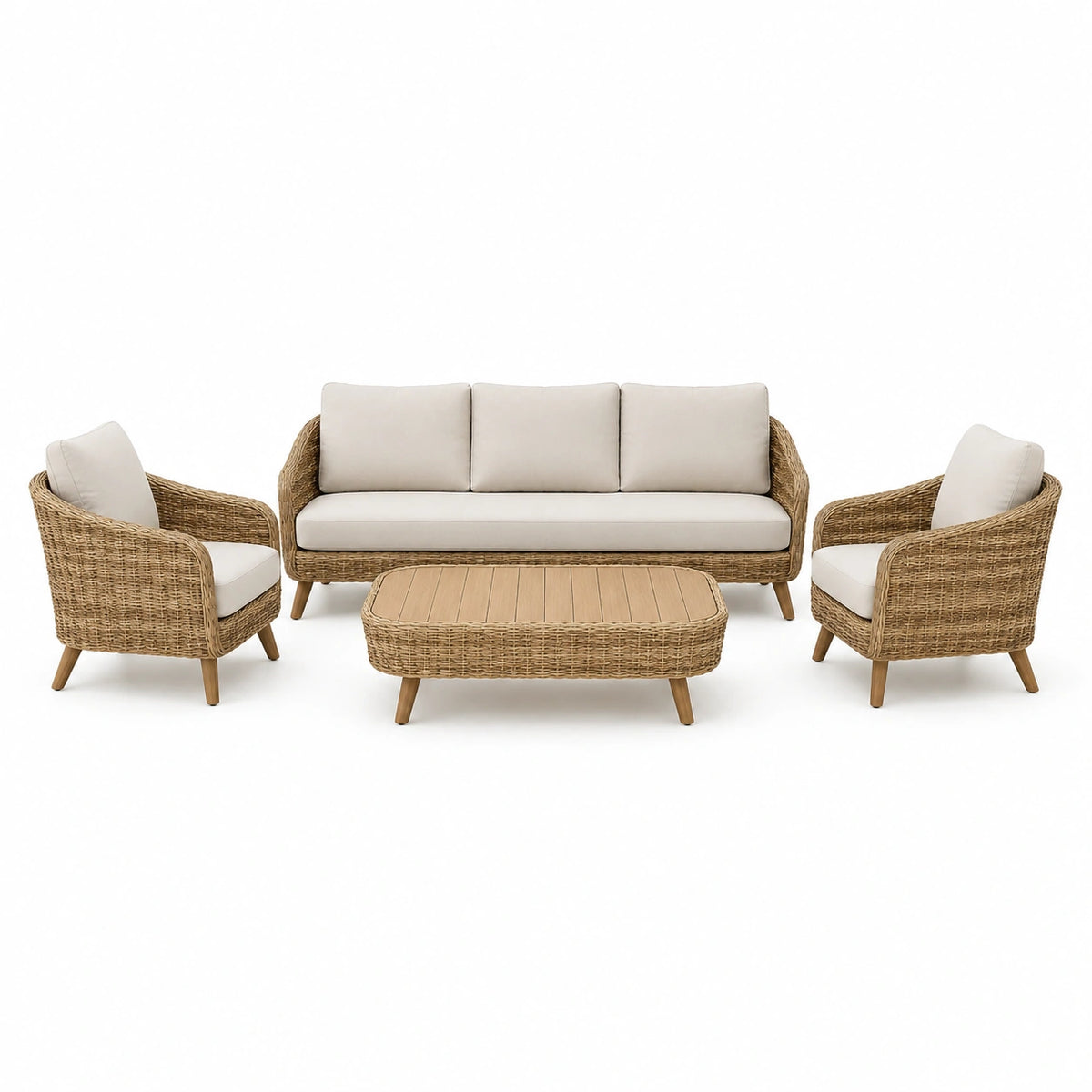 Ensemble 4 pièces en osier tressé beige et marron clair avec coussins, canapé 200 x 80 x 78 cm, fauteuils 85 x 75 x 78 cm, table 120 x 60 x 45 cm