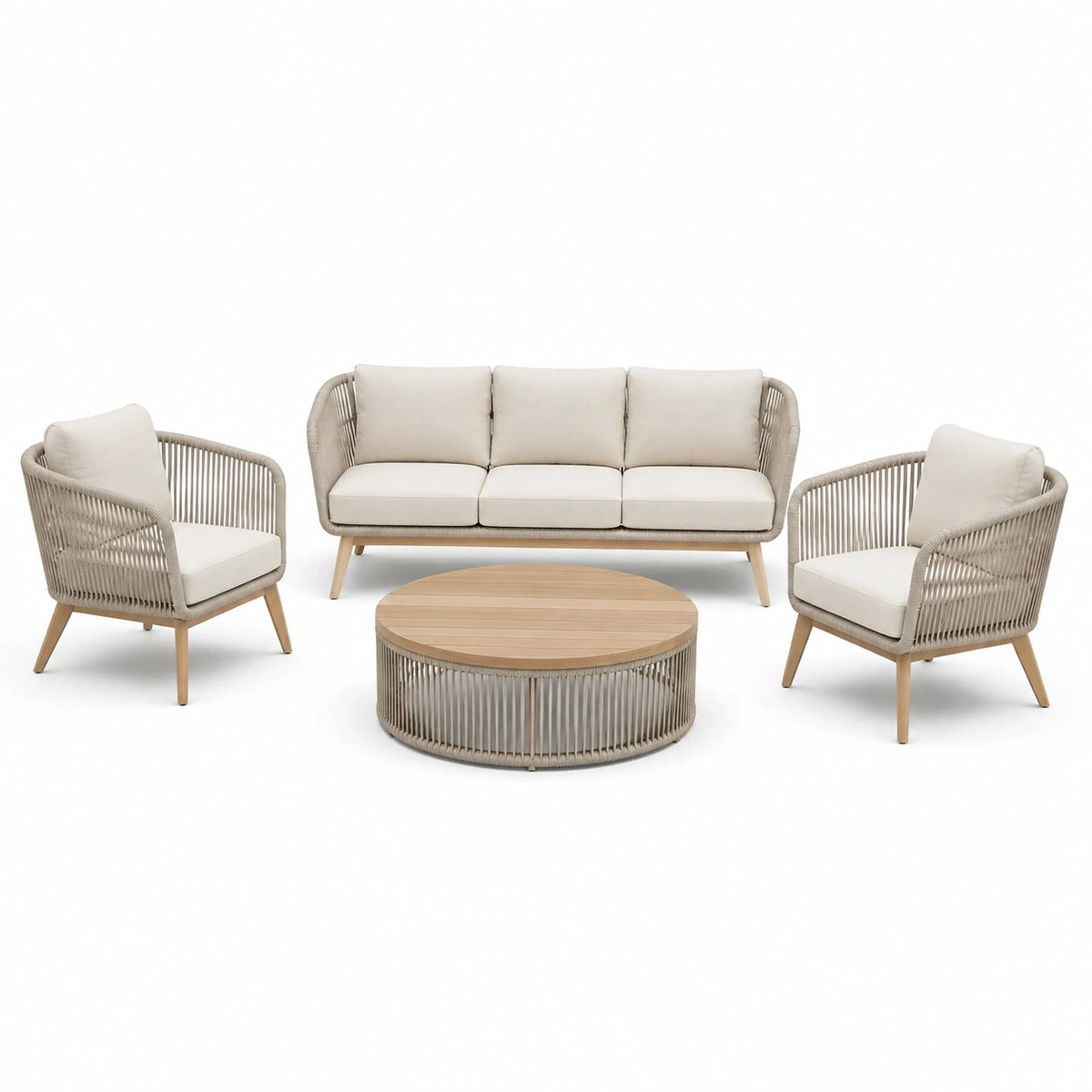 Salon d'extérieur 4 pièces beige et naturel avec canapé 210 x 80 x 78 cm, fauteuils 75 x 75 x 78 cm et table ronde Ø 100 x 42 cm