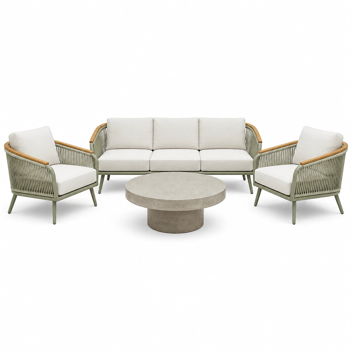 Salon de jardin contemporain 4 pièces vert sauge, blanc et beige avec canapé 200 x 75 x 78 cm