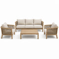 Ensemble de jardin 4 pièces en bois naturel et beige, canapé 3 places 190 x 80 x 78 cm, 2 fauteuils et table 110 x 60 x 42 cm