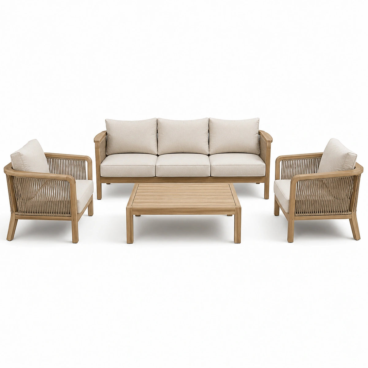 Ensemble de jardin 4 pièces en bois naturel et beige, canapé 3 places 190 x 80 x 78 cm, 2 fauteuils et table 110 x 60 x 42 cm