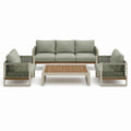 Salon de jardin 5 places en aluminium, corde tressée et bois, vert sauge, beige et naturel – Canapé 210 x 80 x 75 cm, fauteuils 80 x 80 x 75 cm, table 120 x 70 x 42 cm
