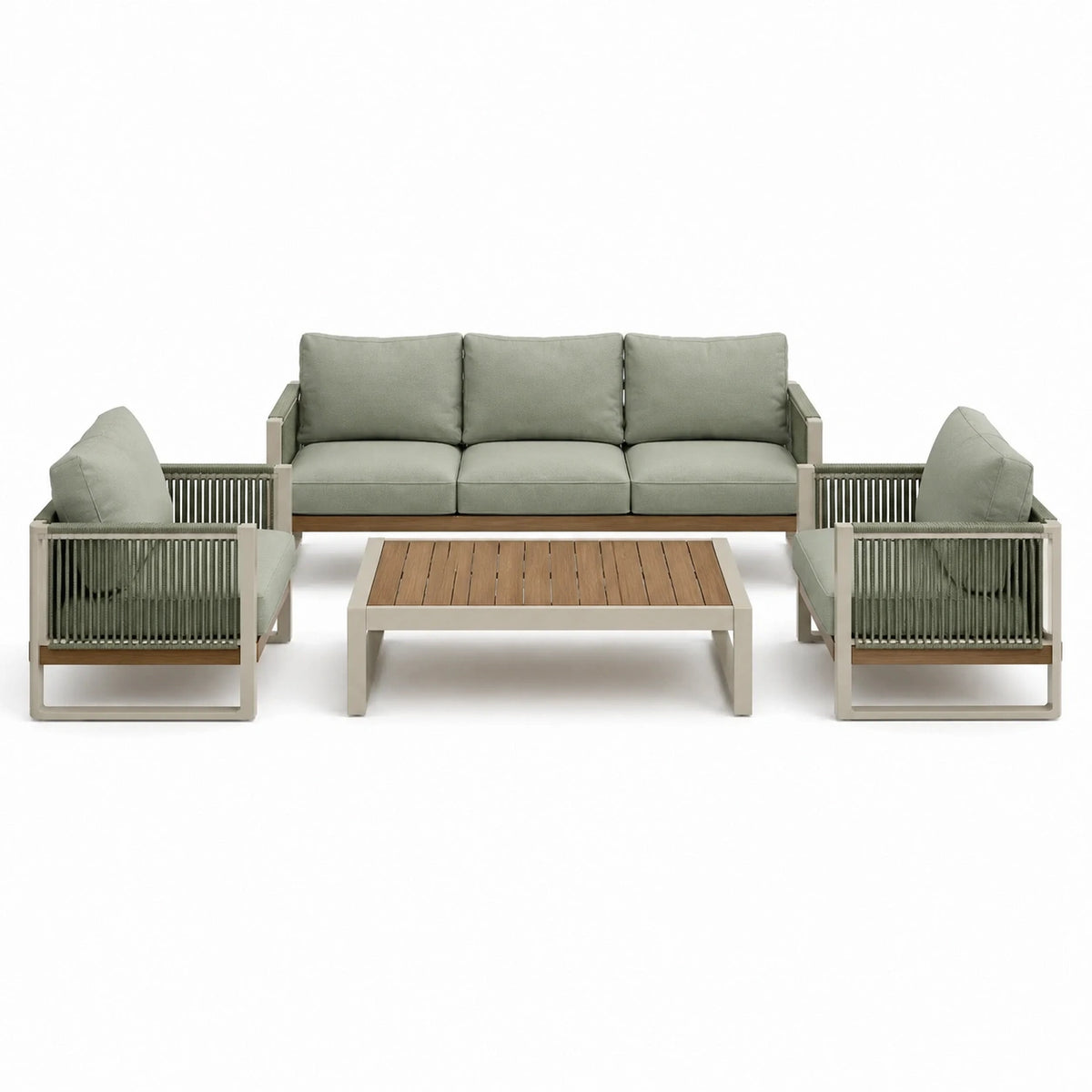 Salon de jardin 5 places en aluminium, corde tressée et bois, vert sauge, beige et naturel – Canapé 210 x 80 x 75 cm, fauteuils 80 x 80 x 75 cm, table 120 x 70 x 42 cm