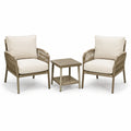 Ensemble 2 fauteuils et table d'appoint taupe et écru, fauteuils 68 x 72 x 88 cm, table 50 x 50 x 52 cm