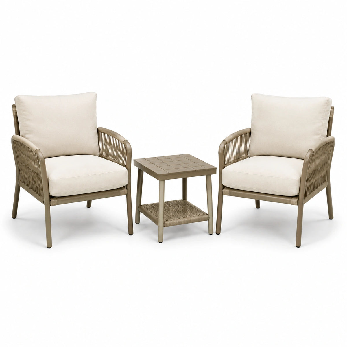 Ensemble 2 fauteuils et table d'appoint taupe et écru, fauteuils 68 x 72 x 88 cm, table 50 x 50 x 52 cm