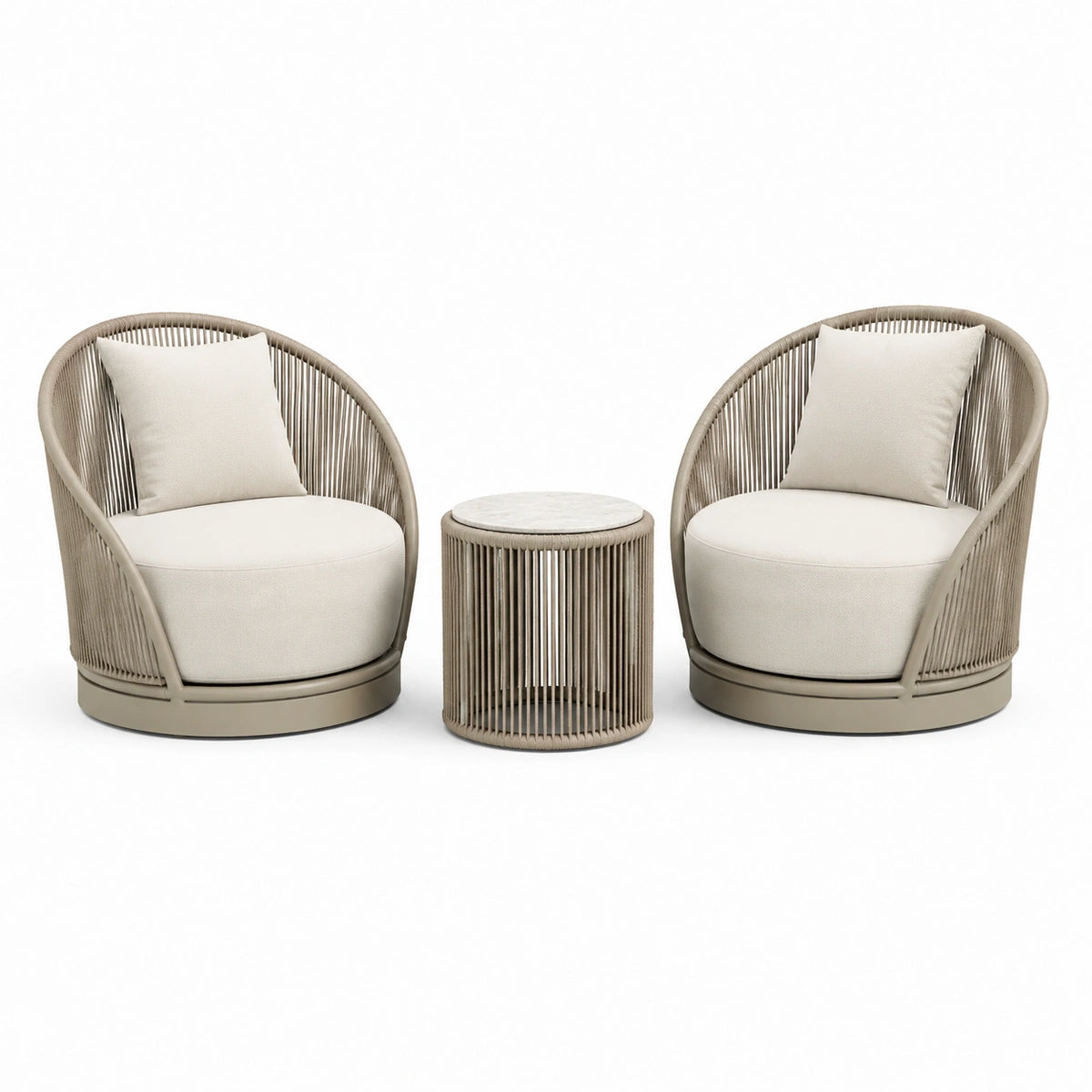 Ensemble contemporain beige et blanc cassé avec 2 fauteuils 75 x 75 x 78 cm et table ronde 50 x 50 cm