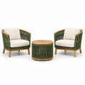 Ensemble 3 pièces en bois naturel, cordage vert et coussins beige – 2 fauteuils 73 x 72 x 78 cm, table ronde Ø 65 x 45 cm