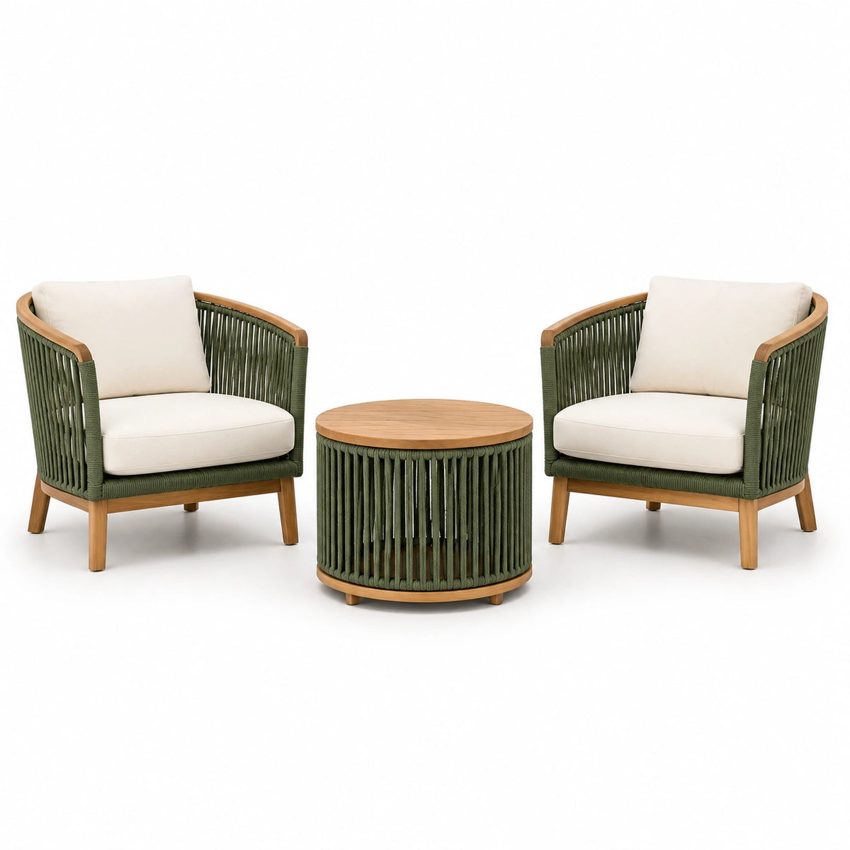 Ensemble 3 pièces en bois naturel, cordage vert et coussins beige – 2 fauteuils 73 x 72 x 78 cm, table ronde Ø 65 x 45 cm