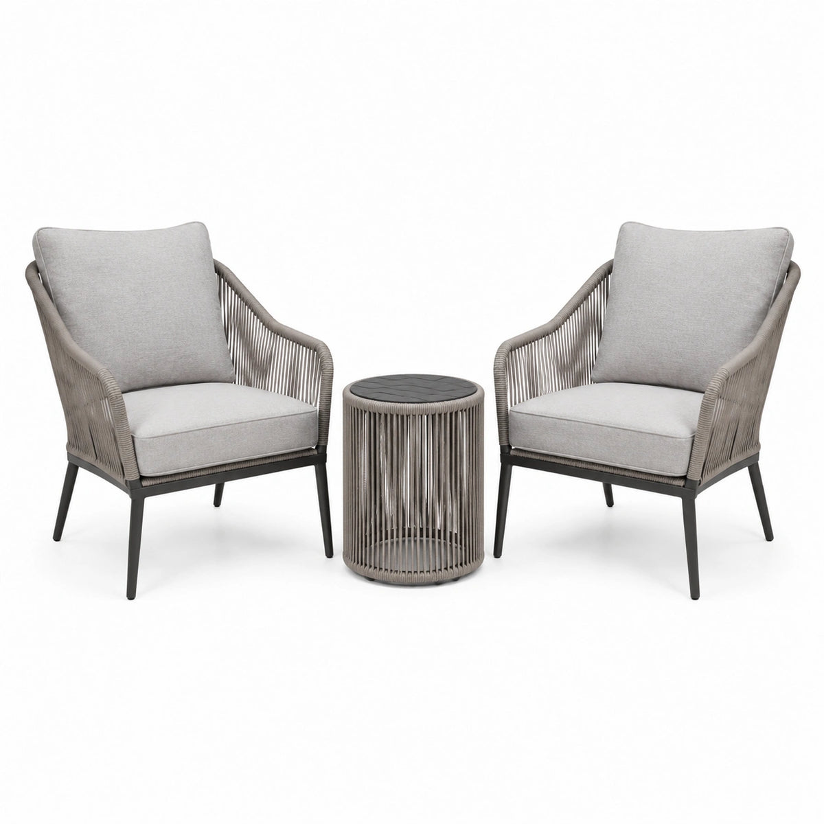 Ensemble de jardin contemporain 2 fauteuils et table d'appoint ronde, Gris clair/Gris foncé/Noir – Fauteuils 62 x 67 x 82 cm, table 45 x 45 cm