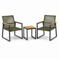 Ensemble extérieur contemporain avec 2 fauteuils 65 x 75 x 88 cm et table 45 x 45 x 45 cm, corde vert kaki, métal noir et bois naturel
