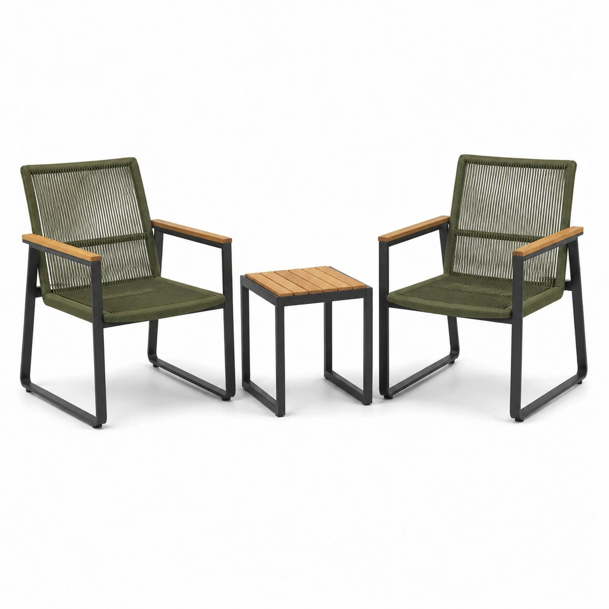 Ensemble extérieur contemporain avec 2 fauteuils 65 x 75 x 88 cm et table 45 x 45 x 45 cm, corde vert kaki, métal noir et bois naturel