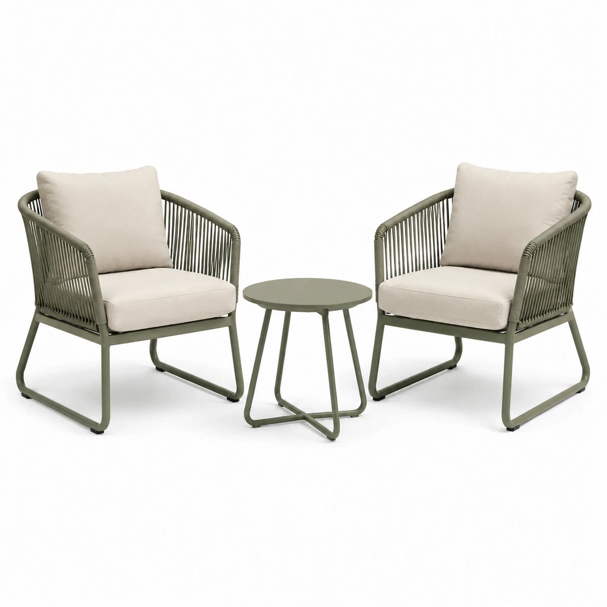 Salon de jardin 3 pièces vert olive et beige avec 2 fauteuils 70 x 75 x 78 cm et table ronde Ø50 x 45 cm