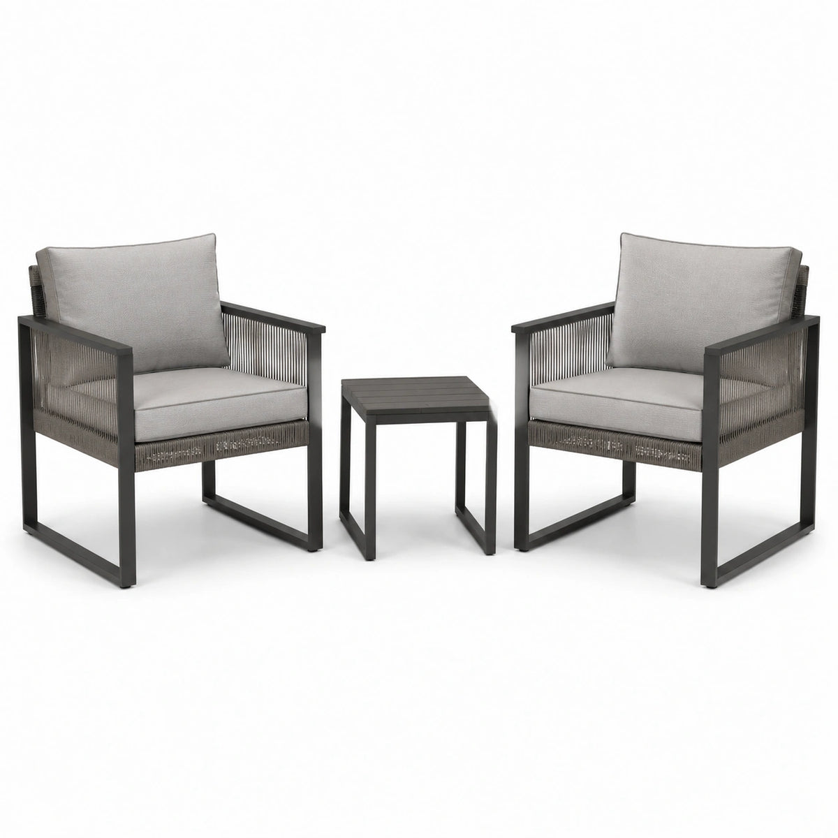 Salon de jardin 3 pièces gris anthracite avec 2 fauteuils 68 x 70 x 78 cm et table 45 x 45 x 45 cm