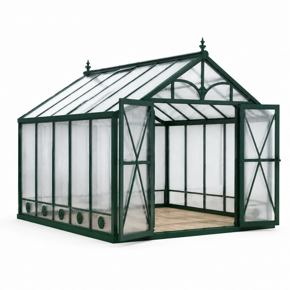 Serre victorienne en acier vert et polycarbonate translucide 250 x 190 x 230 cm avec double porte