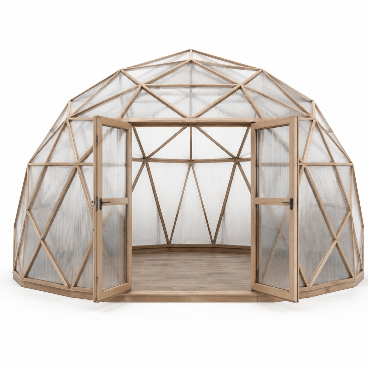 Dôme de jardin 360 x 360 x 220 cm en bois naturel et panneaux translucides avec double porte