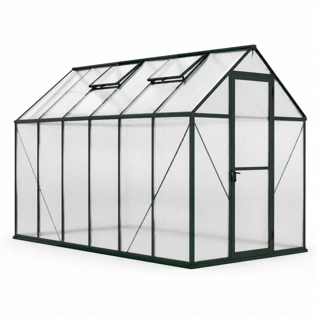Serre de jardin 300 x 190 x 195 cm en aluminium vert foncé et polycarbonate translucide avec 2 lucarnes ouvrantes